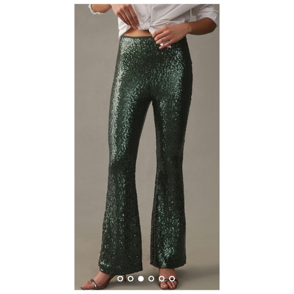 NWOT Anthropologie Joni Sequin Flare Pants in Dark Green  Size 10 - Picture 2 of 14